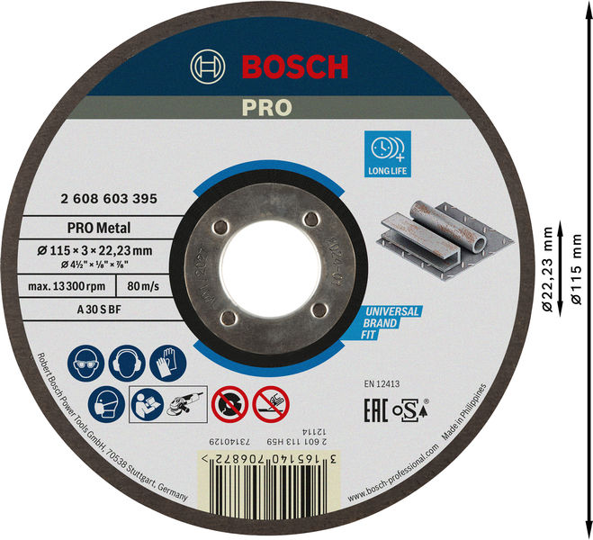 BOSCH PRO Metal Gebundene Trennscheibe, 115 x 3 x 22,23 mm