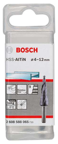 BOSCH Stufenbohrer HSS-AlTiN, 4 - 12 mm, 6 mm, 66,5 mm, 9 Stufen