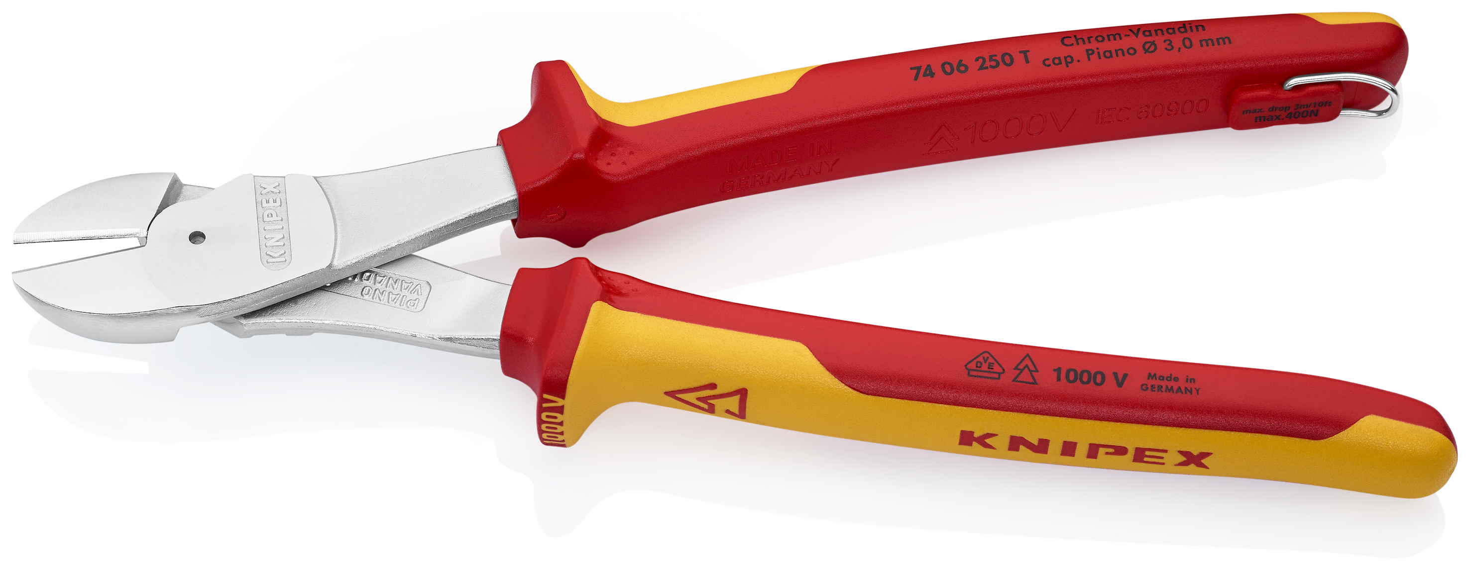 KNIPEX KNIPEX 74 06 250 T Kraft-Seitenschneider 250 mm verchromt isoliert mit Mehrkomponenten-Hüllen, VDE-geprüft; mit integrierter isolierter Befestigungsöse zum Anbringen einer Absturzsicherung