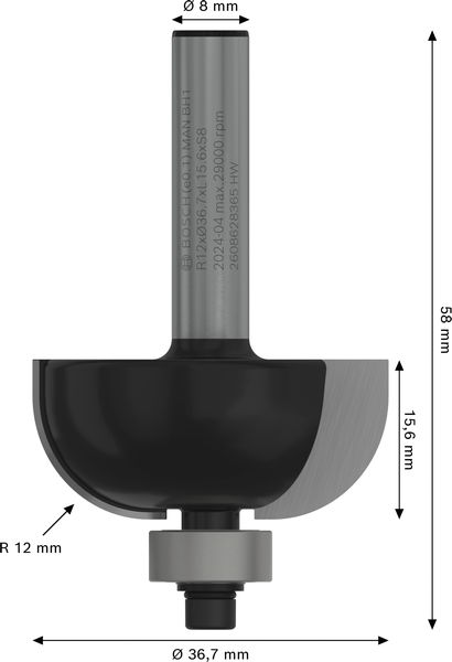 BOSCH PRO Hohlkehlfräser, R 12, Schaft 8 mm