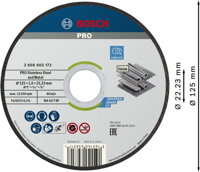 BOSCH PRO Stainless Steel and Metal Trennscheibe, 125 x 1.6 x 22.23 mm, gerade BOSCH PRO Stainless Steel and Metal Trennscheibe, 125 x 1.6 x 22.23 mm, gerade
