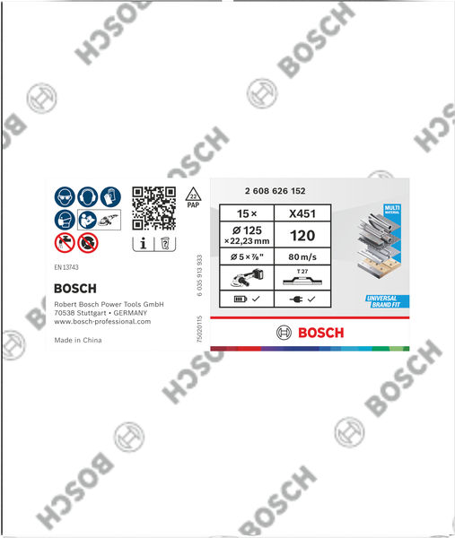 BOSCH X451 Fächerschleifscheibe, 125 x 22,23 mm, K120, Z27, 15-tlg