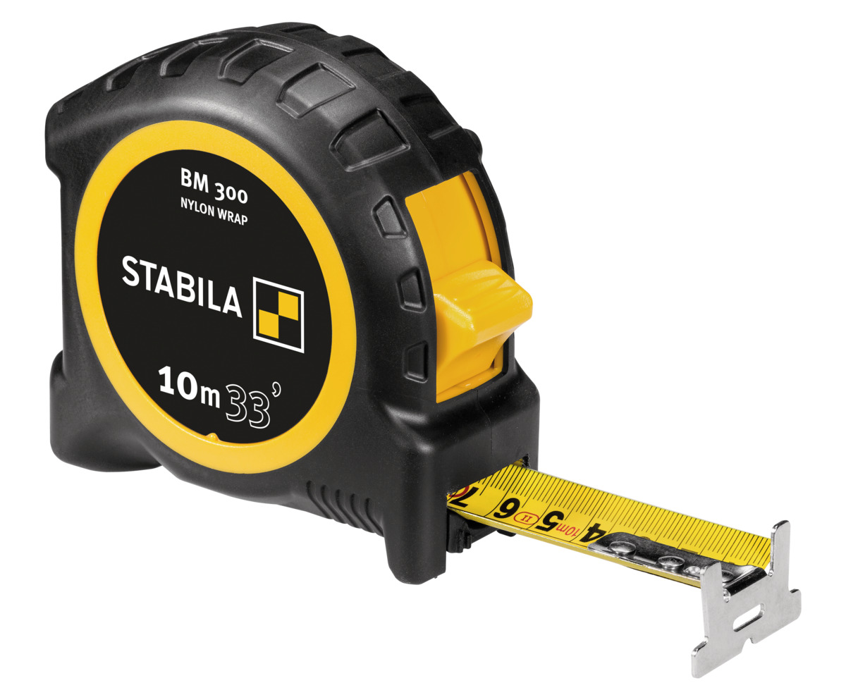 STABILA Taschenbandmaß BM 300, 10 m (33'), Maßband mit doppelseitiger cm/inch-Skala, bruchsicheres PC/ABS-Gehäuse, SPIKES-Haken, Stahlband mit NYLON-WRAP-Ummantelung, Gürtel-Clip, MID-Genauigkeit