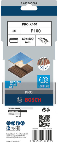 BOSCH PRO X440 Schleifband, 60 x 400 mm, 100, 3-tlg. BOSCH PRO X440 Schleifband, 60 x 400 mm, 100, 3-tlg.
