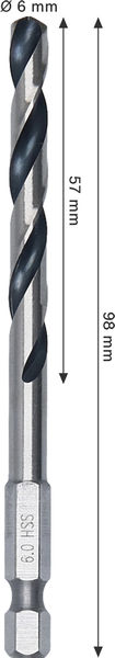BOSCH Metal HSS Spiralbohrer, 6 x 57 x 98 mm, HEX 1/4“ Schaft