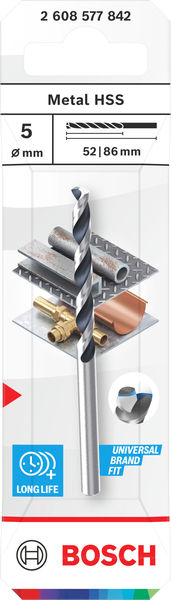 BOSCH Metal HSS Spiralbohrer, 5 x 52 x 86 mm, CYL-Schaft BOSCH Metal HSS Spiralbohrer, 5 x 52 x 86 mm, CYL-Schaft