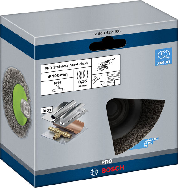 BOSCH PRO Stainless Steel clean Kegelbürste, 100 x 0,35 mm, Gewinde BOSCH PRO Stainless Steel clean Kegelbürste, 100 x 0,35 mm, Gewinde