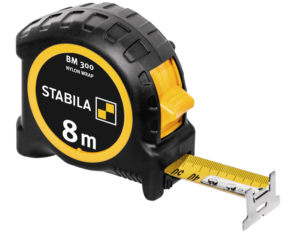 STABILA Taschenbandmaß BM 300, 8 m, Maßband mit doppelseitiger 1000er-Skala, metrisch, bruchsicheres PC/ABS-Gehäuse, SPIKES-Haken, Stahlband mit NYLON-WRAP-Ummantelung, Gürtel-Clip, MID-Genauigkeit
