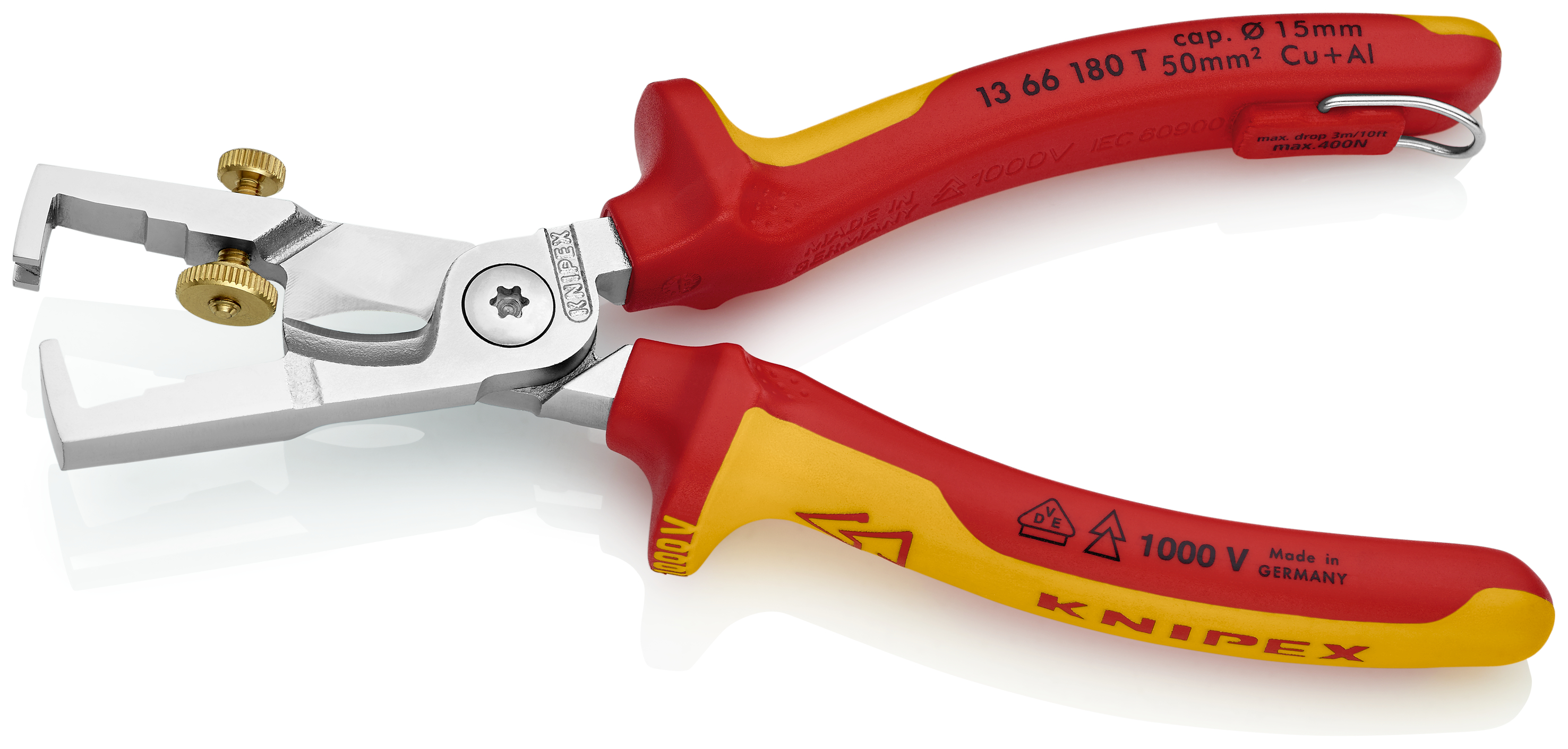 KNIPEX KNIPEX 13 66 180 T StriX® Abisolierzangen mit Kabelschere 180 mm verchromt isoliert mit Mehrkomponenten-Hüllen, VDE-geprüft; mit integrierter isolierter Befestigungsöse zum Anbringen einer Absturzsicherung