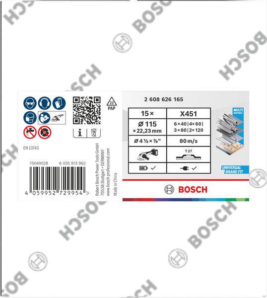 BOSCH X451 Fächerschleifscheiben Set, 115 x 22,23 mm, K40/K60/K80/K120, Z27, 15-tlg BOSCH X451 Fächerschleifscheiben Set, 115 x 22,23 mm, K40/K60/K80/K120, Z27, 15-tlg