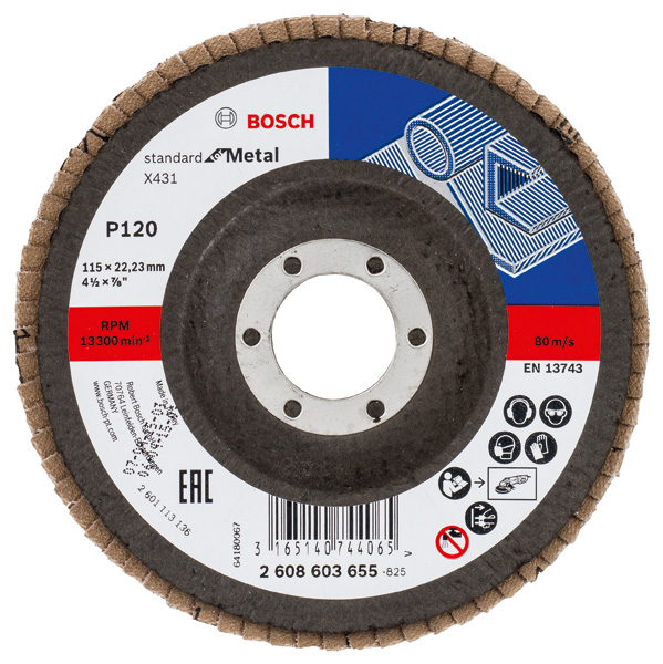 BOSCH Fächerschleifscheibe X431 Standard for Metal, gewinkelt, 115 mm, 22,23 mm, 120