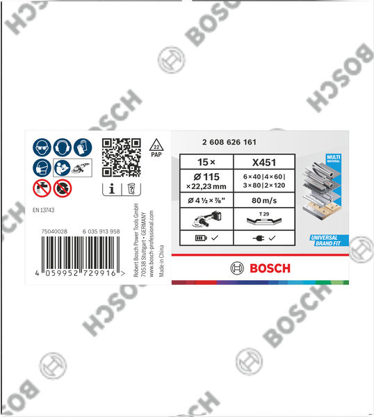 BOSCH X451 Fächerschleifscheiben Set, 115 x 22,23 mm, K40/K60/K80/K120, Z29, 15-tlg BOSCH X451 Fächerschleifscheiben Set, 115 x 22,23 mm, K40/K60/K80/K120, Z29, 15-tlg