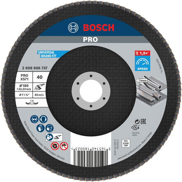 BOSCH PRO X571 Fächerschleifscheibe, gerade, 180 mm, K40 BOSCH PRO X571 Fächerschleifscheibe, gerade, 180 mm, K40