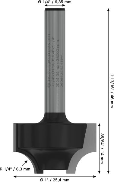 BOSCH PRO Abrundfräser, L 1/4", Schaft 1/4" BOSCH PRO Abrundfräser, L 1/4", Schaft 1/4"