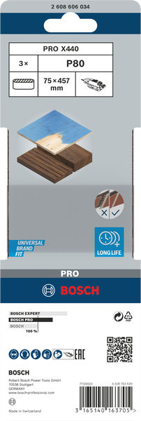 BOSCH PRO X440 Schleifband, 75 x 457 mm, G80, 3-tlg.