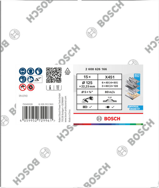 BOSCH X451 Fächerschleifscheiben Set, 125 x 22,23 mm, K40/K60/K80/K120, Z27, 15-tlg BOSCH X451 Fächerschleifscheiben Set, 125 x 22,23 mm, K40/K60/K80/K120, Z27, 15-tlg