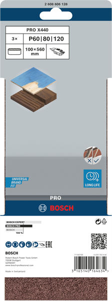BOSCH PRO X440 Schleifband, 100 x 560 mm, G60, G80, G100, 3-tlg. BOSCH PRO X440 Schleifband, 100 x 560 mm, G60, G80, G100, 3-tlg.