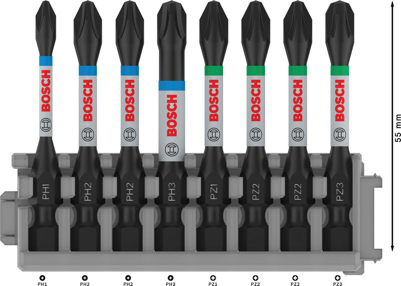 BOSCH PRO Impact Schrauberbit-Set, PH1/PH2/PH3/PZ1/PZ2/PZ3, 55 mm, 8-tlg BOSCH PRO Impact Schrauberbit-Set, PH1/PH2/PH3/PZ1/PZ2/PZ3, 55 mm, 8-tlg