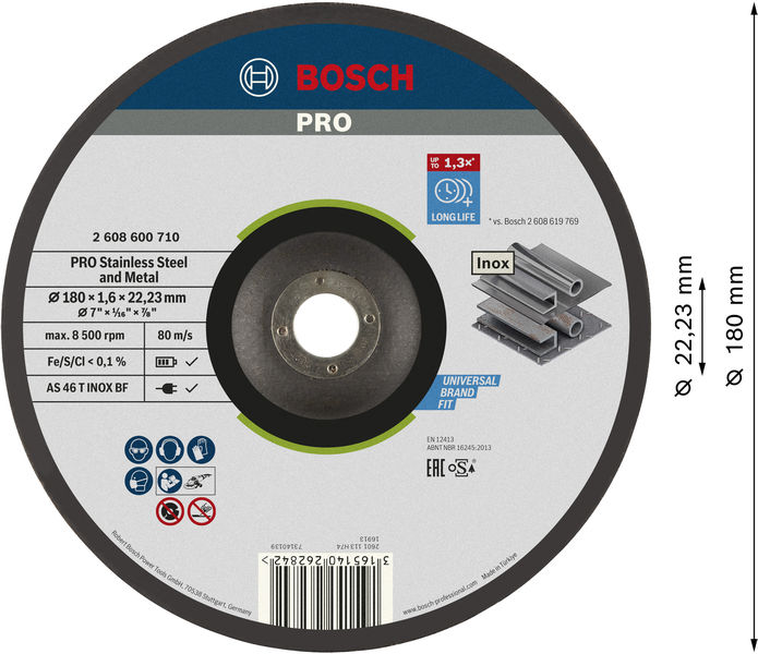 BOSCH PRO Stainless Steel and Metal Trennscheibe, 180 x 1.6 x 22.23 mm, gekröpft, oSa BOSCH PRO Stainless Steel and Metal Trennscheibe, 180 x 1.6 x 22.23 mm, gekröpft, oSa