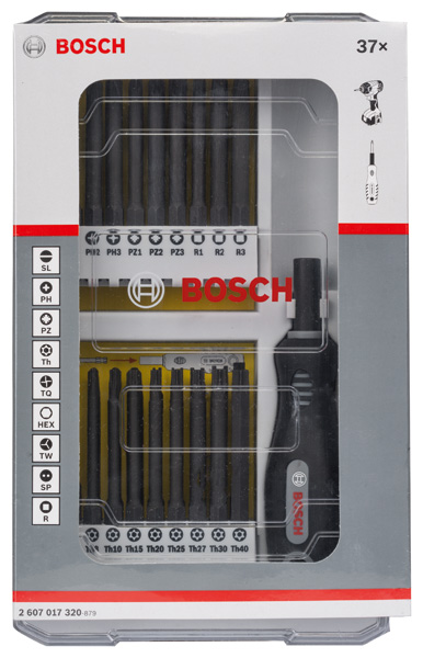 BOSCH 37-teiliges Set mit Schrauberbits und Griff, PH, PZ, SL, TH, TQ, H, TW, SP, R und Bithalter BOSCH 37-teiliges Set mit Schrauberbits und Griff, PH, PZ, SL, TH, TQ, H, TW, SP, R und Bithalter