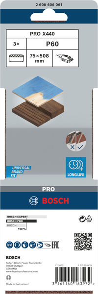 BOSCH PRO X440 Schleifband, 75 x 508 mm, G60, 3-tlg.