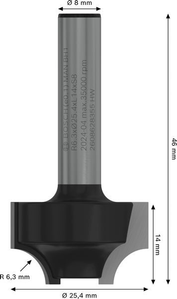 BOSCH PRO Abrundfräser, R 6,3, Schaft 8 mm