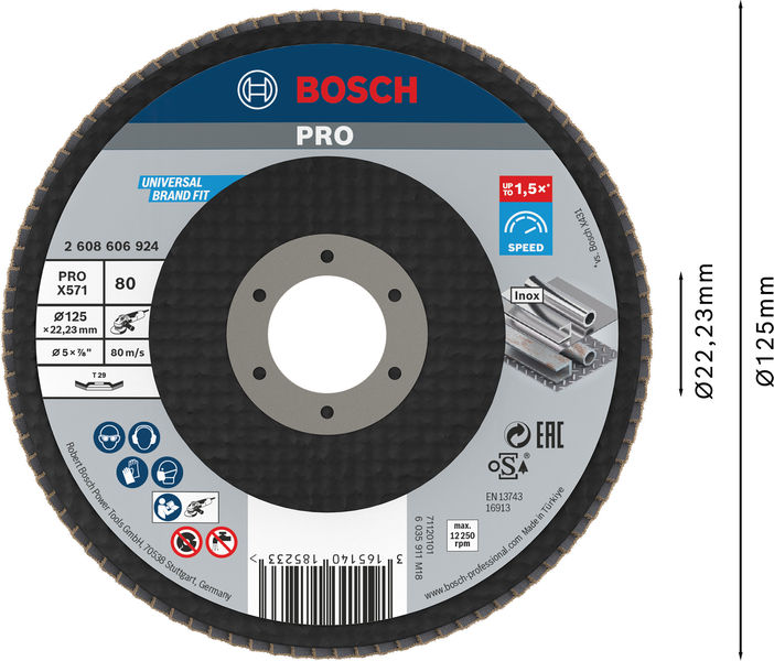 BOSCH PRO X571 Fächerschleifscheibe, abgewinkelt, 125 mm, K80 BOSCH PRO X571 Fächerschleifscheibe, abgewinkelt, 125 mm, K80