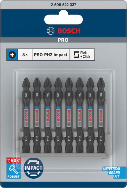 BOSCH PRO Impact Schrauberbit mit Doppelklingen und Pick and Click, PH2, 65 mm, 8-tlg.