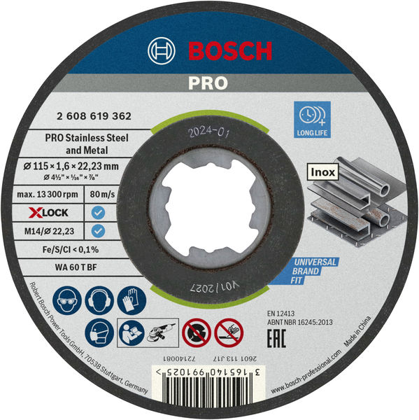 BOSCH PRO Stainless Steel and Metal X-Lock Trennscheibe, 115 x 1.6 x 22.23 mm, gerade