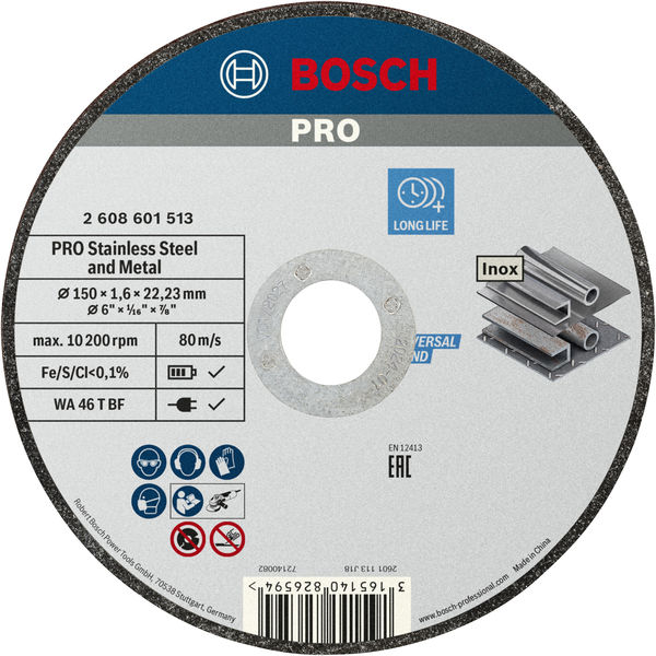 BOSCH PRO Stainless Steel and Metal Trennscheibe, 150 x 1.6 x 22.23 mm, gerade BOSCH PRO Stainless Steel and Metal Trennscheibe, 150 x 1.6 x 22.23 mm, gerade