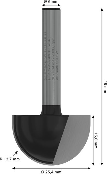 BOSCH PRO Hohlkehlfräser, R 12,7, Schaft 6 mm