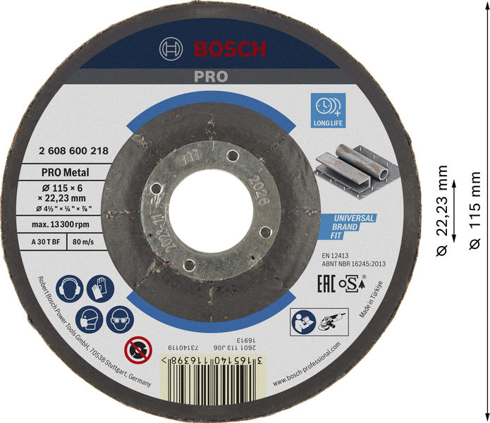 BOSCH PRO Metal Schleifscheibe, 115 x 6 x 22.23 mm, oSa