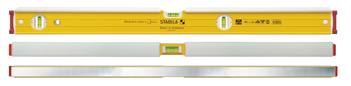 STABILA Maurer-Wasserwaage Type 96-2 K, 81 cm, integrierter Klopfschutz, extrasteifes Alu-Profil, 1 Horizontal-/2 Vertikal-Libellen, stoßdämpfende Endkappen, Made in Germany