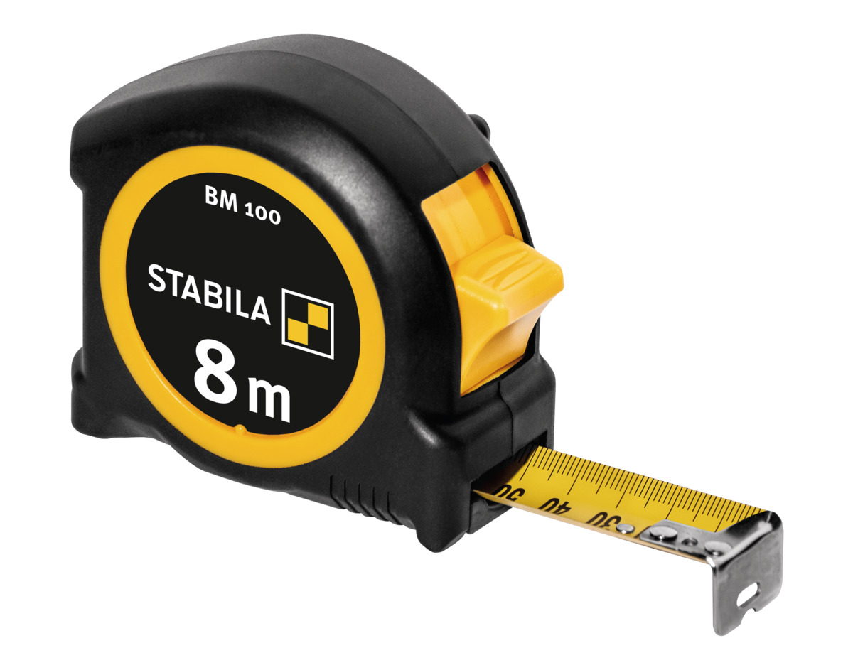 STABILA Taschenbandmaß BM 100, 8 m, Maßband mit metrischer 1000er-Skala, bruchsicheres ABS-Gehäuse, beweglicher Anfangshaken, Gürtel-Clip, MID-Genauigkeit