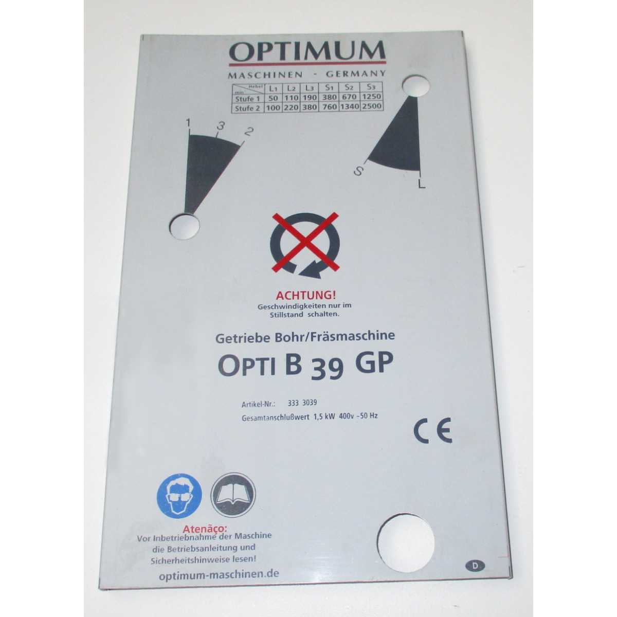 STÜRMER Abdeckung B 39 GP Optimum Typenschild STÜRMER Abdeckung B 39 GP Optimum Typenschild