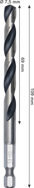 BOSCH Metal HSS Spiralbohrer, 7,5 x 69 x 109 mm, HEX 1/4“ Schaft BOSCH Metal HSS Spiralbohrer, 7,5 x 69 x 109 mm, HEX 1/4“ Schaft