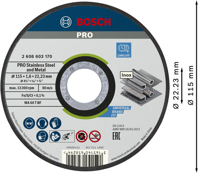 BOSCH PRO Stainless Steel and Metal Trennscheibe, 115 x 1.6 x 22.23 mm BOSCH PRO Stainless Steel and Metal Trennscheibe, 115 x 1.6 x 22.23 mm