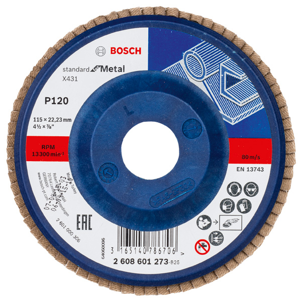 BOSCH Fächerschleifscheibe X431 Standard for Metal, gerade, 115 mm, 120, Kunststoff BOSCH Fächerschleifscheibe X431 Standard for Metal, gerade, 115 mm, 120, Kunststoff