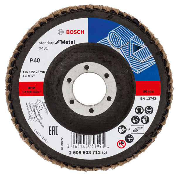 BOSCH Fächerschleifscheibe X431 Standard for Metal, gerade, 115 mm, 40, Glasgewebe