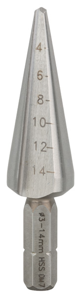 BOSCH Blechschälbohrer HSS, Sechskantschaft, 3 - 14 mm, 60 mm, 1/4-Zoll BOSCH Blechschälbohrer HSS, Sechskantschaft, 3 - 14 mm, 60 mm, 1/4-Zoll