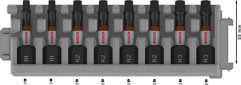 BOSCH PRO R Impact Bit Set, 2 x R1, 4 x R2, 2 x R3, 55 mm, 8-tlg BOSCH PRO R Impact Bit Set, 2 x R1, 4 x R2, 2 x R3, 55 mm, 8-tlg