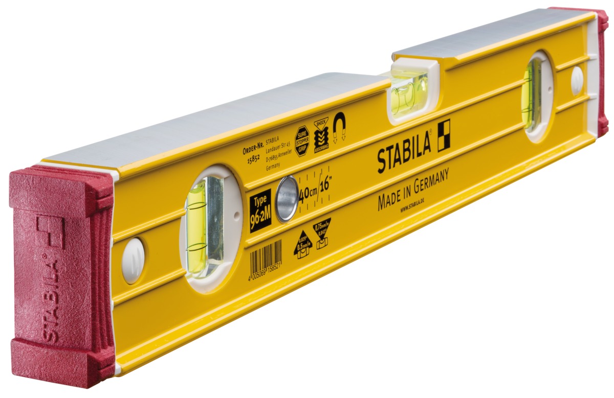 STABILA Magnet-Wasserwaage Type 96-2 M, 40 cm, extrasteifes Alu-Profil, extrastarke Seltenerd-Magnete, 1 Horizontal-/2 Vertikal-Libellen, stoßdämpfende Endkappen, Rutsch-Stopper, Made in Germany