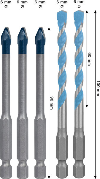 BOSCH EXPERT HEX-9 Hard Ceramic und HEX-9 Multi Construction Bohrer-Set, 6 mm, 5-tlg. BOSCH EXPERT HEX-9 Hard Ceramic und HEX-9 Multi Construction Bohrer-Set, 6 mm, 5-tlg.