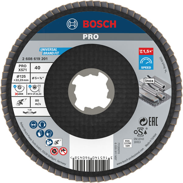 BOSCH PRO X571 Fächerschleifscheibe X-Lock, abgewinkelt, 125 mm, K40 BOSCH PRO X571 Fächerschleifscheibe X-Lock, abgewinkelt, 125 mm, K40