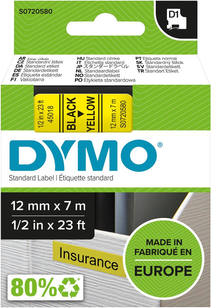 DYMO Schriftband D1 45018 schwarz/gelb 12mmx7m DYMO DYMO Schriftband D1 45018 schwarz/gelb 12mmx7m DYMO