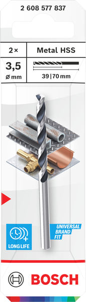 BOSCH Metal HSS Spiralbohrer, 3,5 x 39 x 70 mm, CYL-Schaft, 2-teilig
