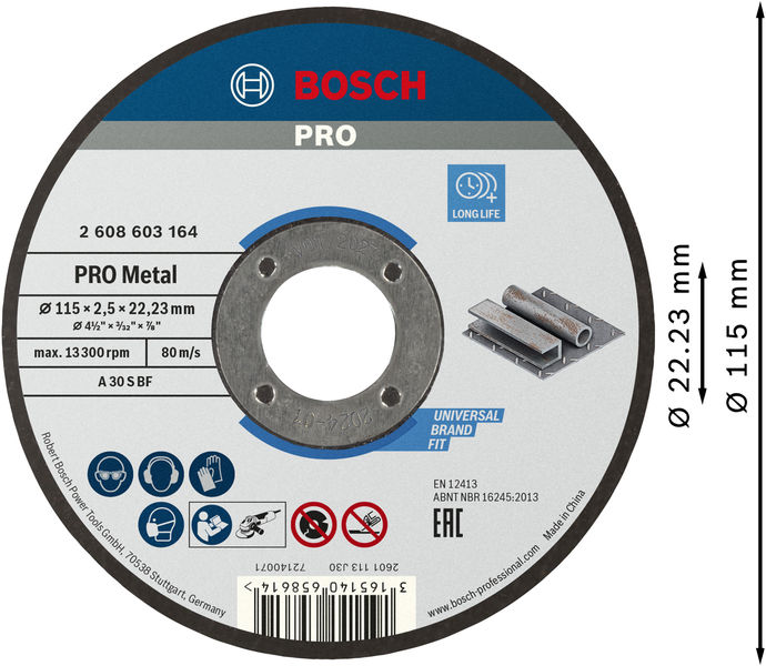 BOSCH PRO Metal Trennscheibe, 115 x 2.5 x 22.23 mm, gerade BOSCH PRO Metal Trennscheibe, 115 x 2.5 x 22.23 mm, gerade