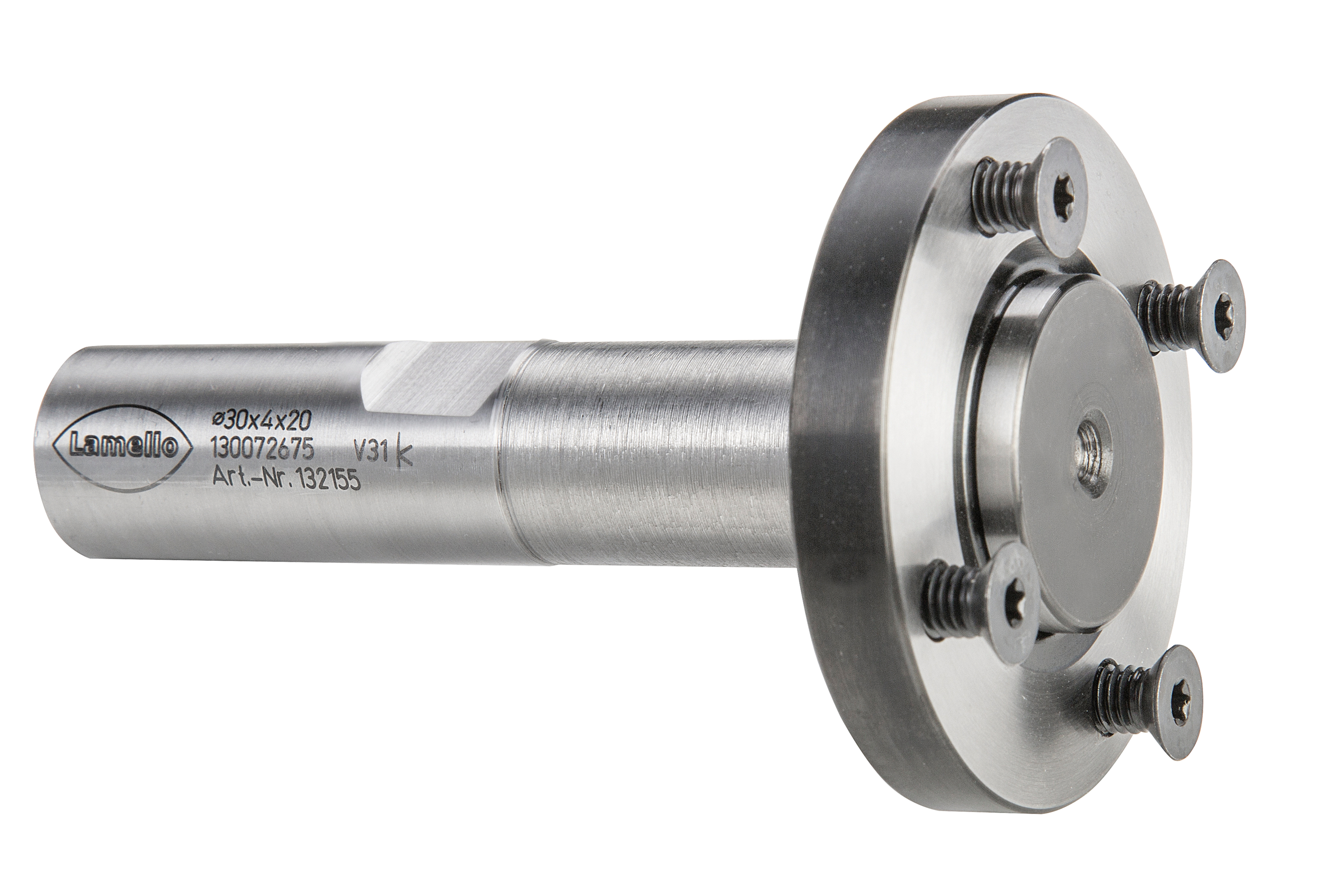 LAMELLO Fräsdorn CNC für P-System Nutfräser, Spannfläche 2, Ø30 mm, Schaft Ø20x50 mm, L 85 mm, NL 4xM4xØ48 mm LAMELLO Fräsdorn CNC für P-System Nutfräser, Spannfläche 2, Ø30 mm, Schaft Ø20x50 mm, L 85 mm, NL 4xM4xØ48 mm