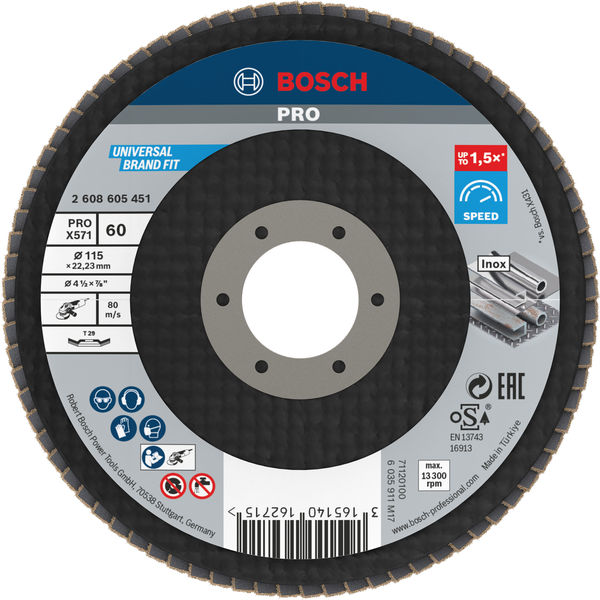 BOSCH PRO X571 Fächerschleifscheibe, abgewinkelt, 115 mm, K60 BOSCH PRO X571 Fächerschleifscheibe, abgewinkelt, 115 mm, K60