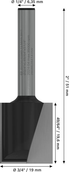BOSCH PRO Nutfräser, zweischneidig, Ø 3/4" x L 49/64", Schaft 1/4" BOSCH PRO Nutfräser, zweischneidig, Ø 3/4" x L 49/64", Schaft 1/4"